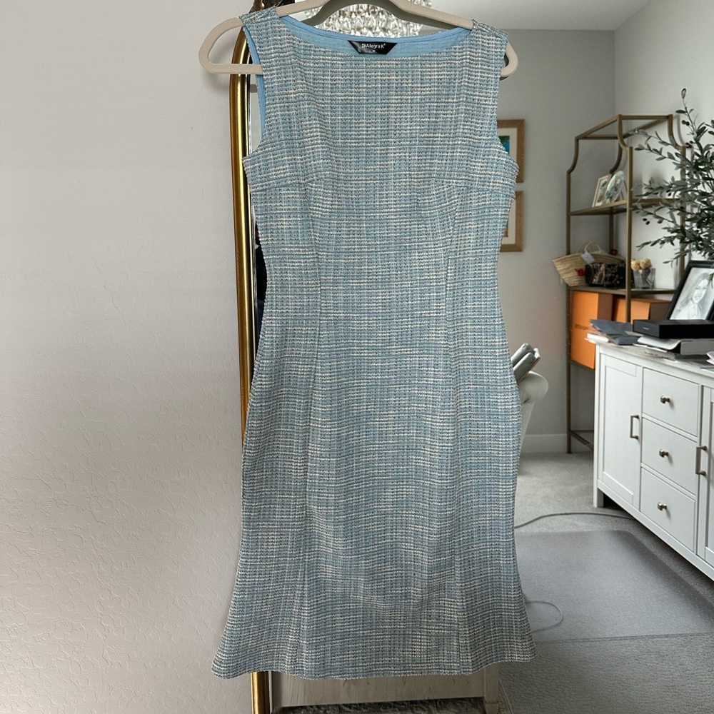 Allegra K Blue Tweed Sleeveless Midi Dress